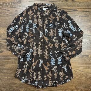 Back In The Saddle Shirt Womens Large Brown Floral Button Up Tunic Long Sleeve‎